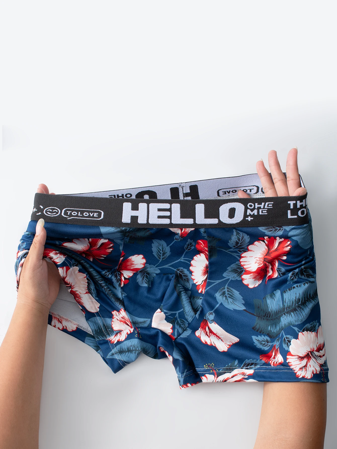 1 Pair Men\'s Flower Printed Briefs Hello Letter Waistband Fabric Soft Breathable Boxer Briefs