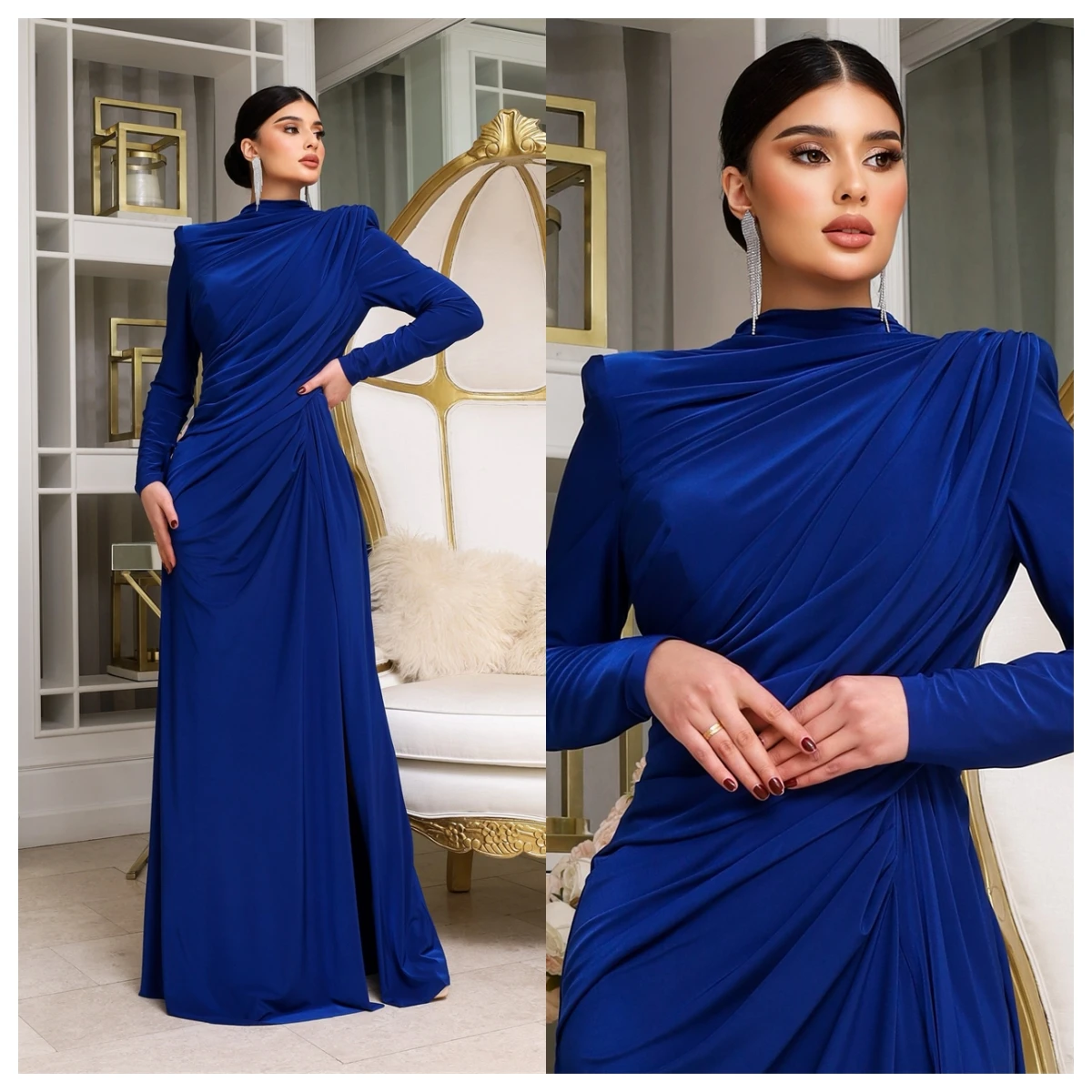 Customized High Quality Navy blue Satin Evening Dress High Collar Long Sleeves Celebrity Gowns Flowers Special Occasion Gowns