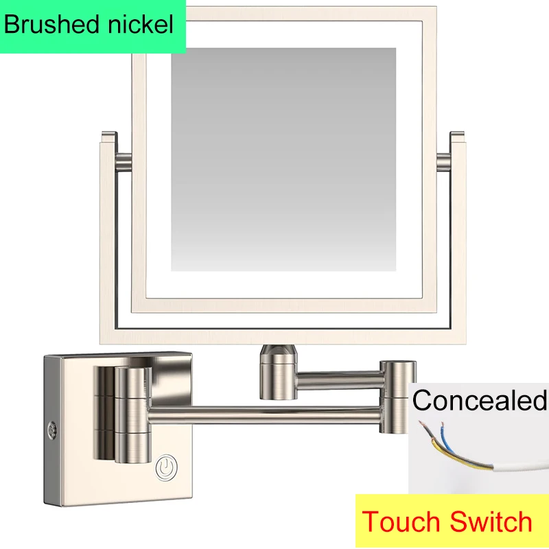 Square Touch Led opvouwbare badkamerspiegel 3x vergrotende badkamer make-upspiegels Accessoires Wandmontage Touch on badspiegels