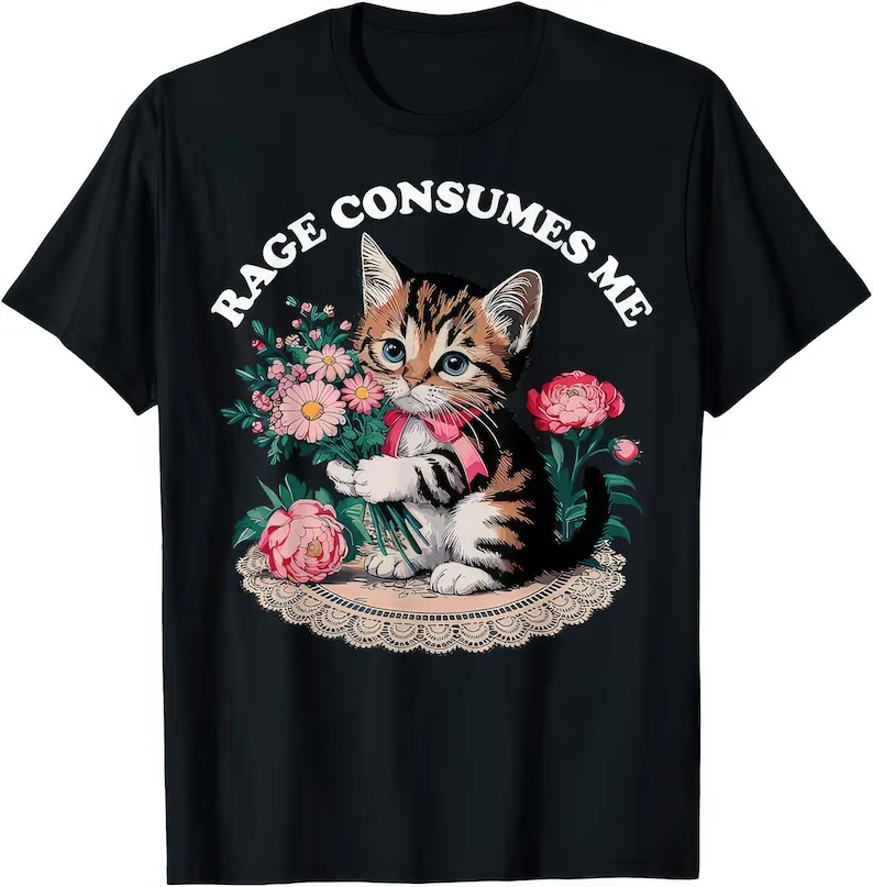 Rage Consume Me divertido lindo gato Humor amante de los gatos ropa de calle flores Camiseta de manga corta estética única Casual impreso Tops