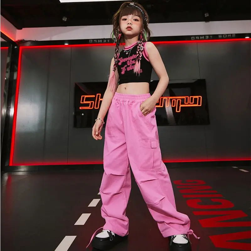 

Baby girl set Black Crop Top Long Sleeve T Shirt Pink Casual Wide Ruched Cargo Pants for Kid Jazz Dance Costume Clothes