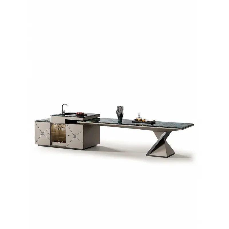 Natural Stone Island Dining Table with Integrated Side Cabinet Luxury Marble Finish for Villa Mansion Modern Home Furniture