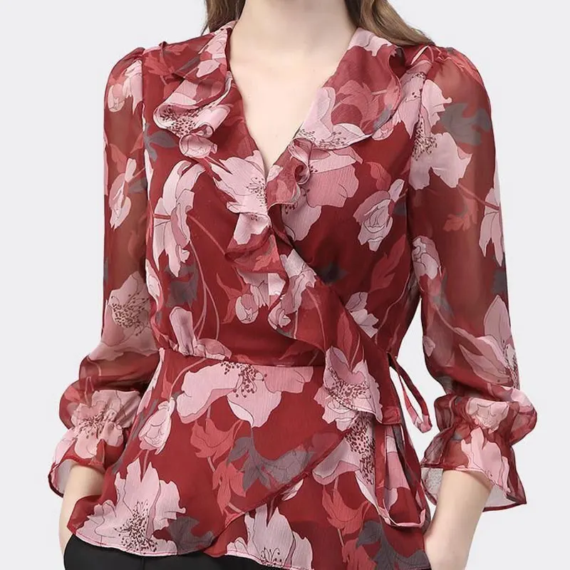 Elegante camicetta con scollo a v moda Ruffles impiombata primavera estate vita coulisse abbigliamento donna pendolare camicia asimmetrica Vintage