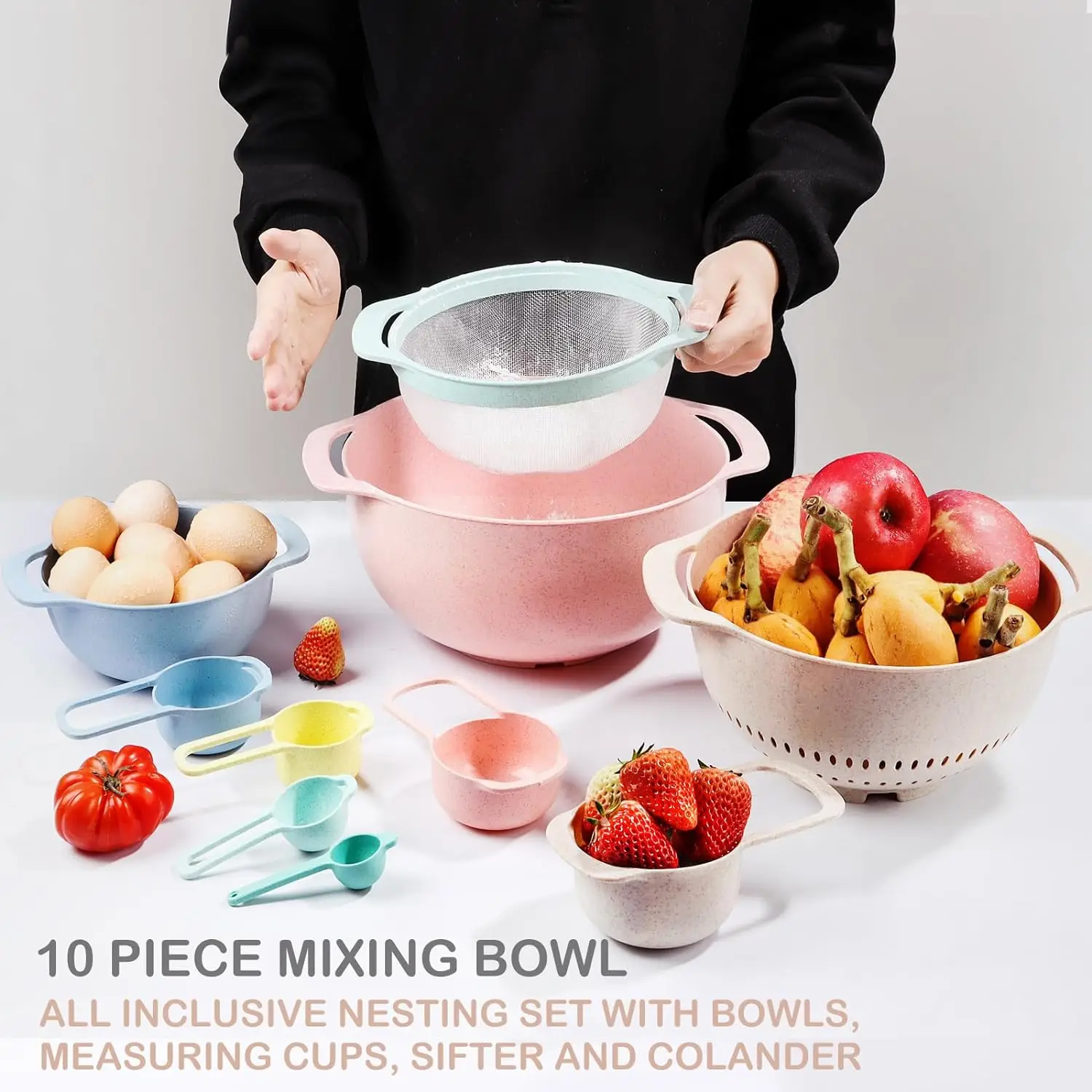 10 Pcs Plastic Mixing Bowls Set with Measuring Spoon,Colorful Serving Bowls for Kitchen,Ideal for Baking, Prepping,Nesting Bowls