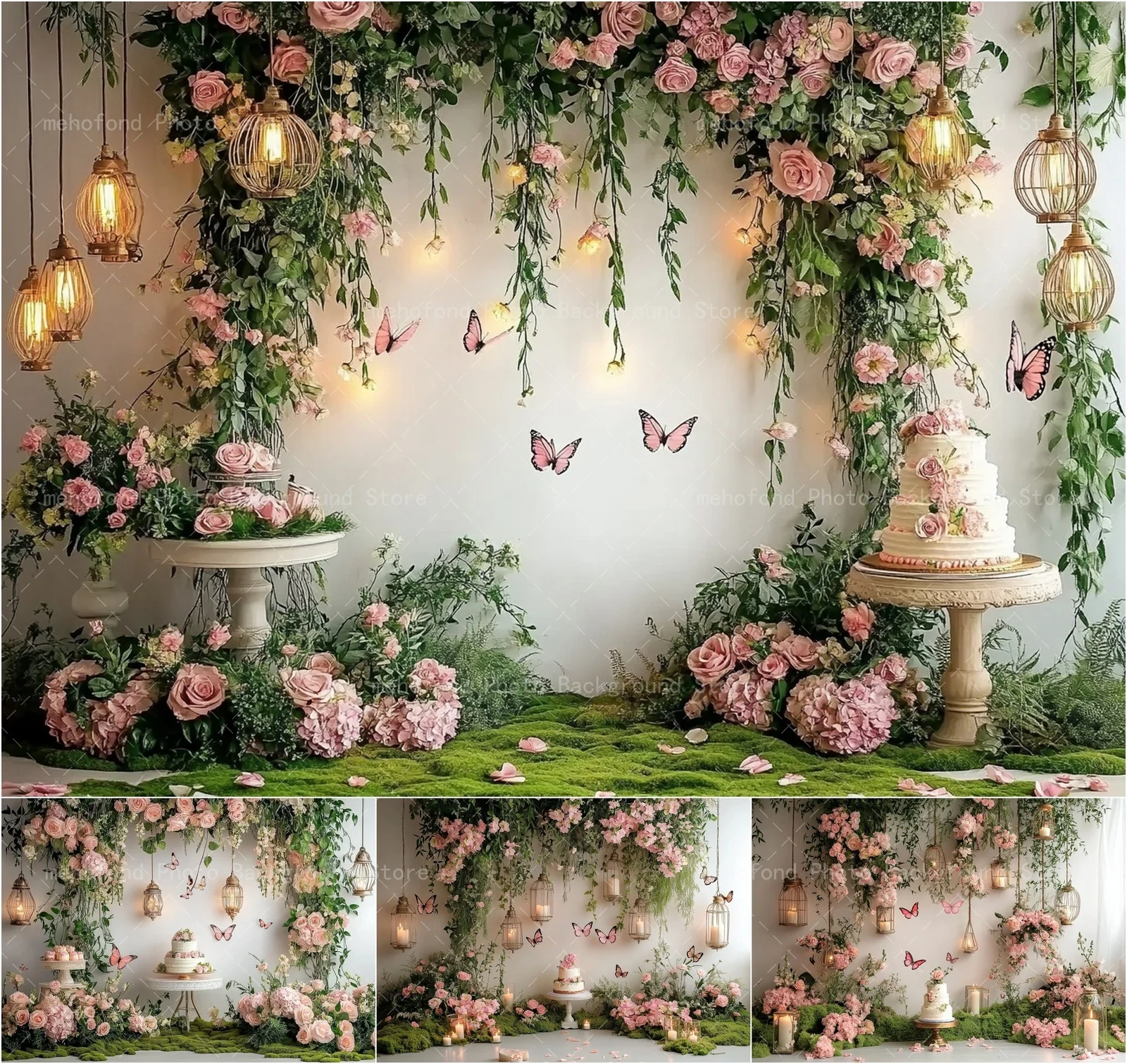 Mehofond Photography Background Spring Flowers Green Vines Cakes Butterflies Dancing Lantern Kids Family Portrait Backdrop Decor