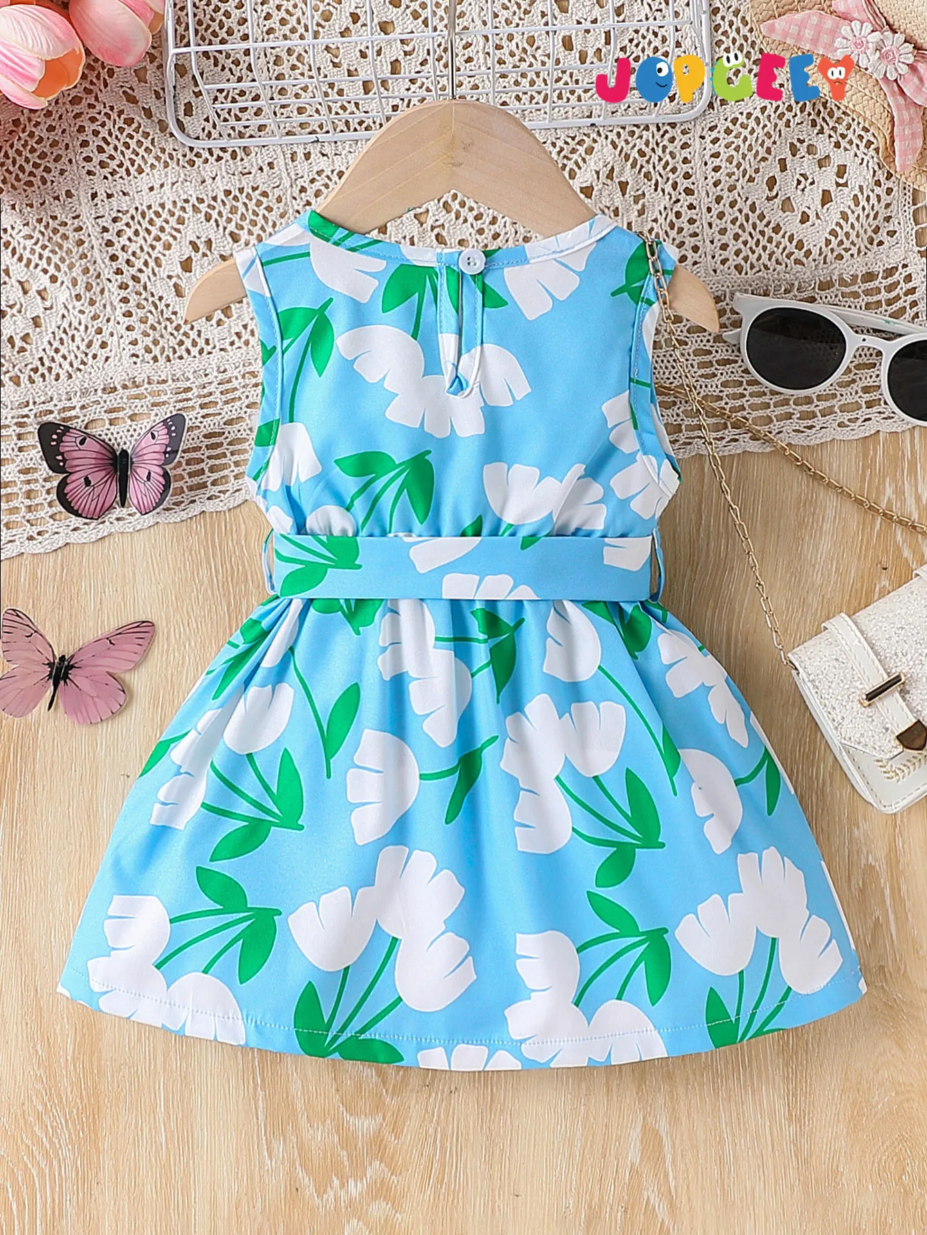 Baby Girl Summer Fashion Dress with Cute Flower Full Body Print Belt Tie Bow Decorative Vest Casual Outfit for Toddlers