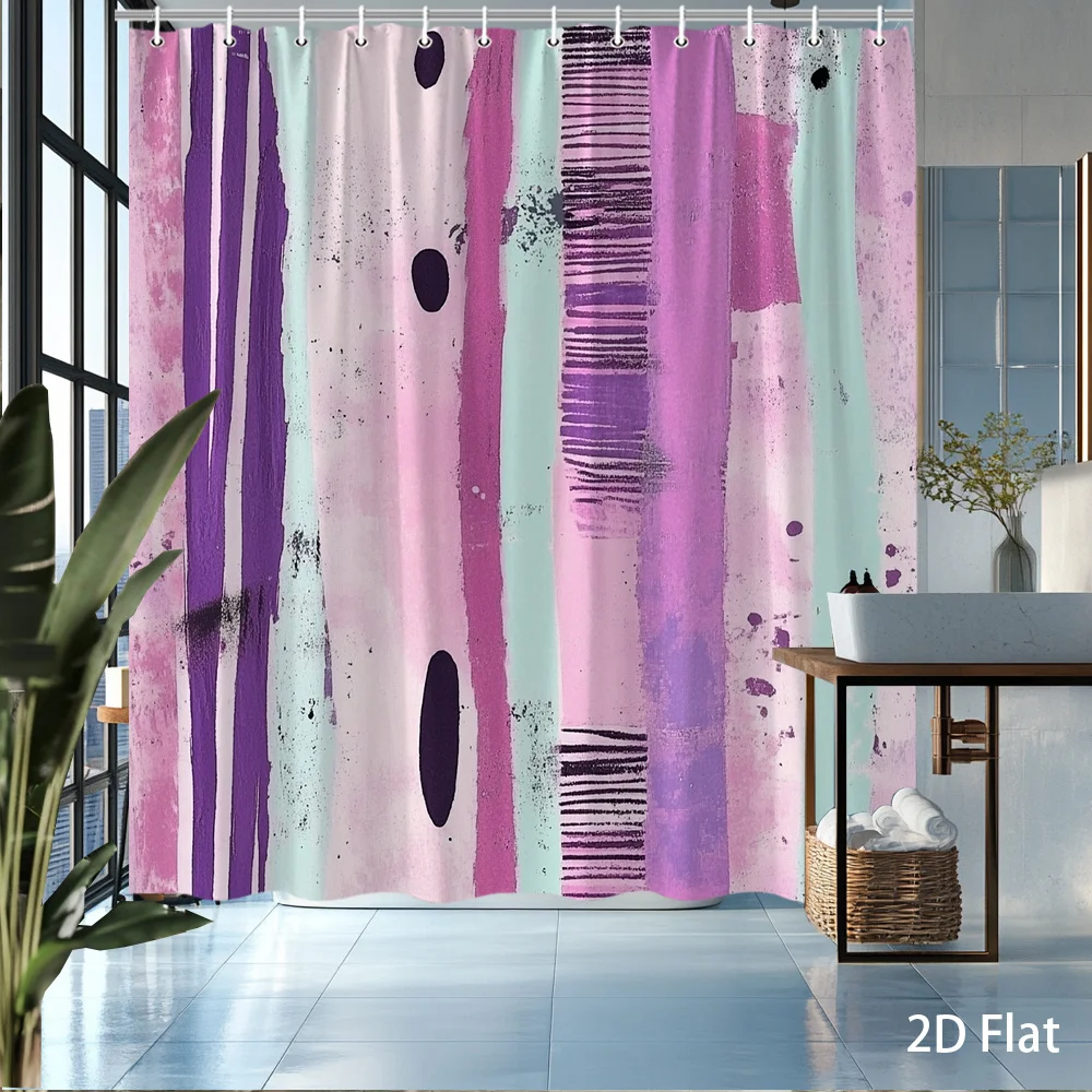 

1 шт. Абстрактная занавеска для душа с рисунком в стиле кисти – розовый, фиолетовый, мятный, 2D плоский принт, полиэстер, декор для ванной, 72x72 дюйма, с 12 крючками