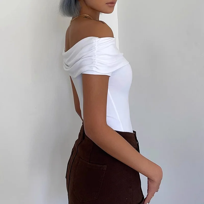 Black Off Shoulder Elegant Short Tops Side Pleated Fashion Slim Sexy Cropped T Shirt Women Summer Y2k Clothing Skinny Top