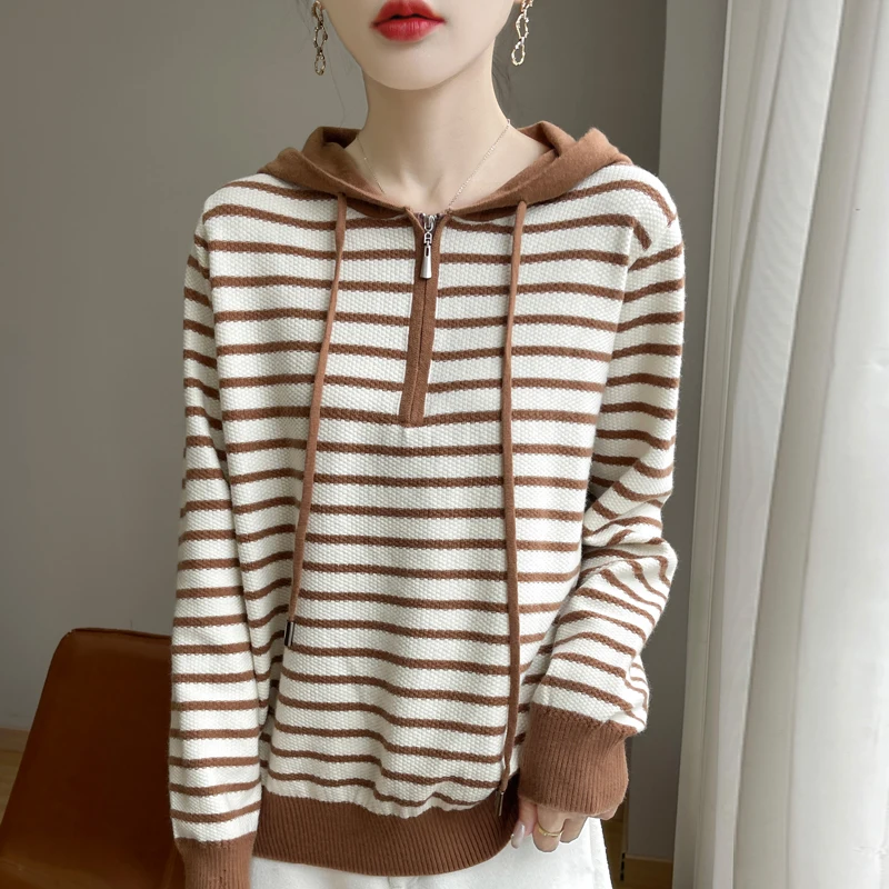 

2024 autumn/winter Cashmere sweater women Striped Half zip hoodie Cashmere sweater women pullover cashmere knit sweater ﻿