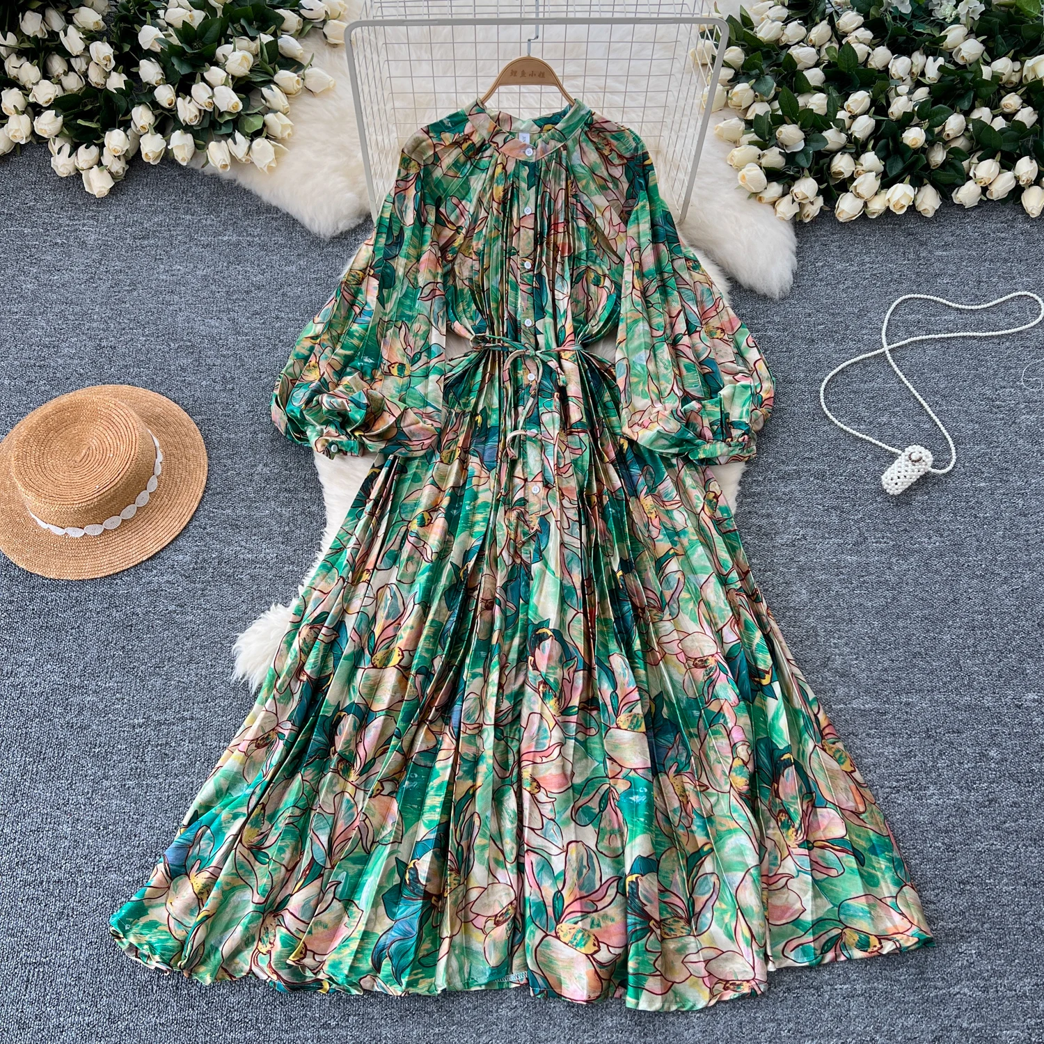 European American Printed Maxi Dress For Women Autumn Fashion O-neck Single Breasted Lantern Sleeves Pleated Large Swing Skirt