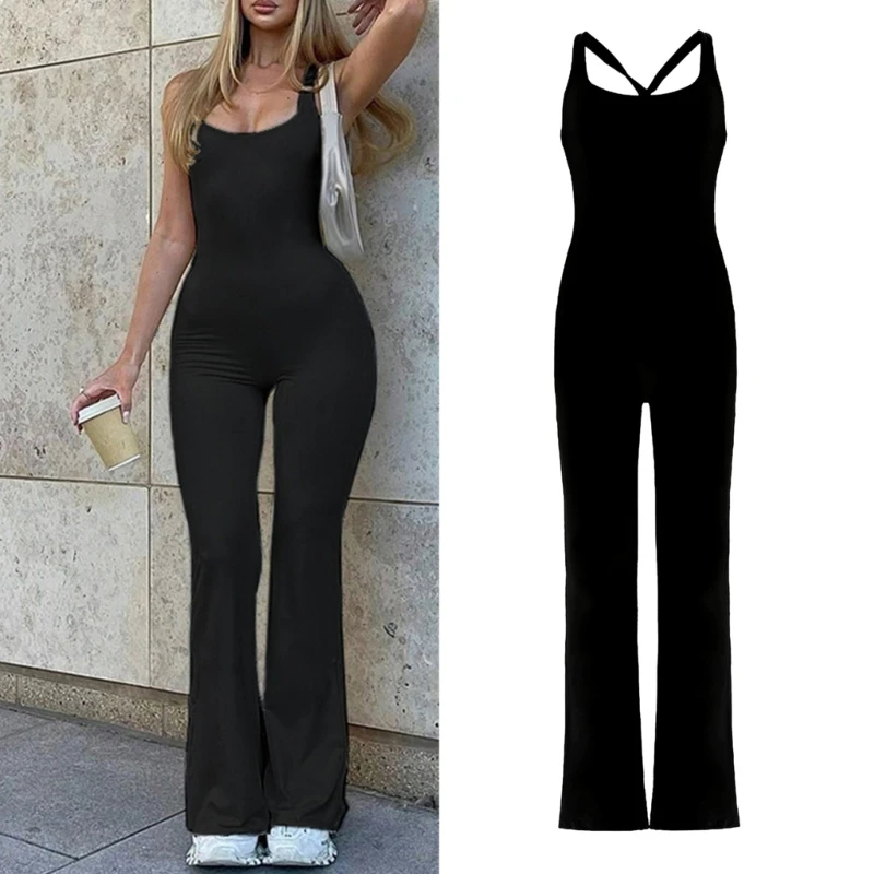 Womens Summer Sleeveless Sexy Twisted Backless Romper Solid Color High Waist Bodycon Flared Long Pant Jumpsuit Overalls