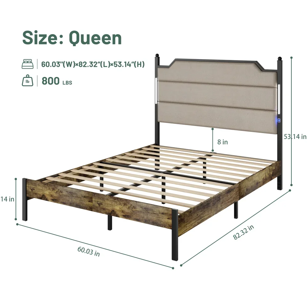 Каркас кровати размера «queen-size» с мягким изголовьем, коробчатая пружина не требуется, каркас кровати с зарядной станцией и светодиодной подсветкой, мебель