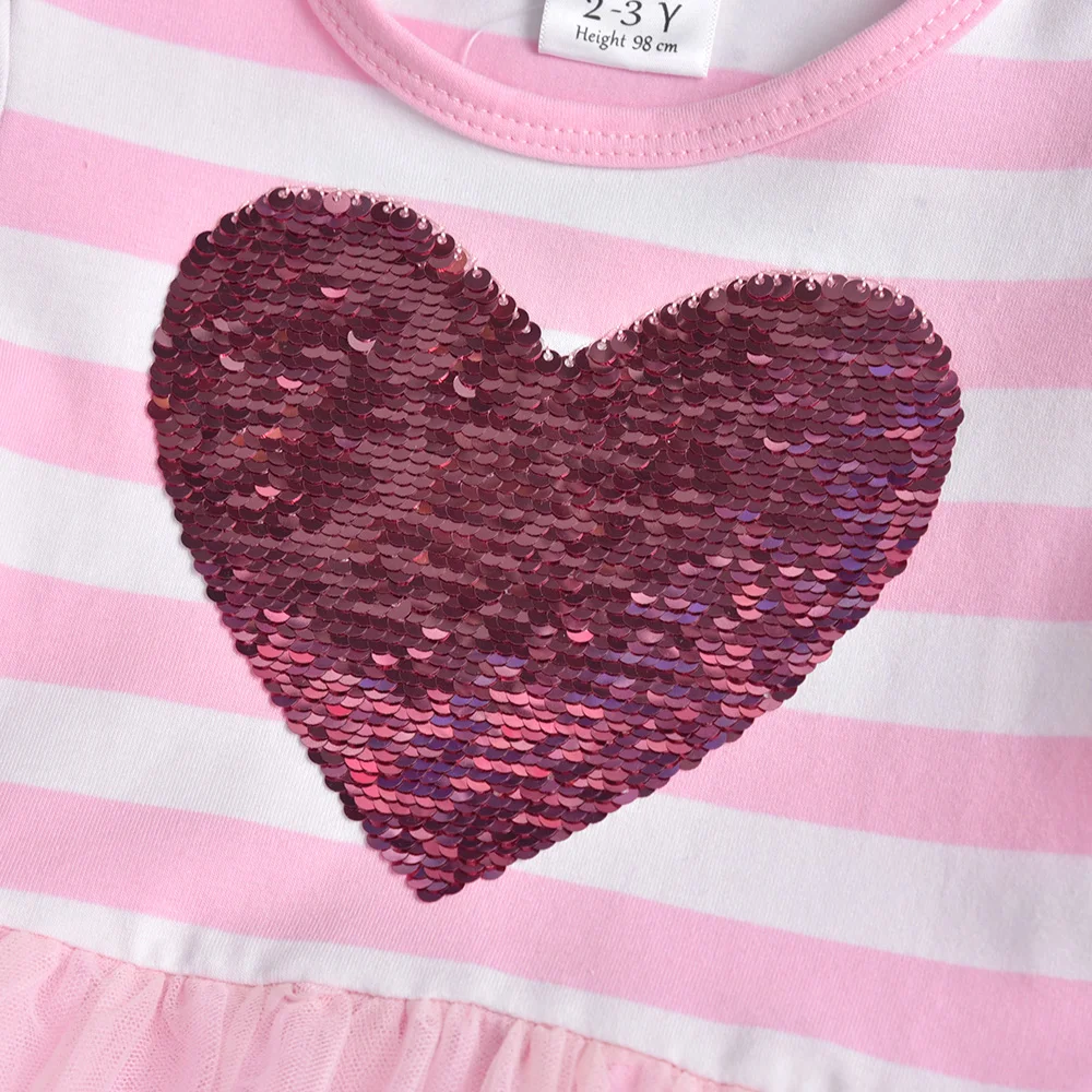 VIKITA Girls Heart Shape Sequined Dress Kids Striped Patchwork Dress Kids Pink Lace Mesh Tulle Princess Birthday Party Costumes