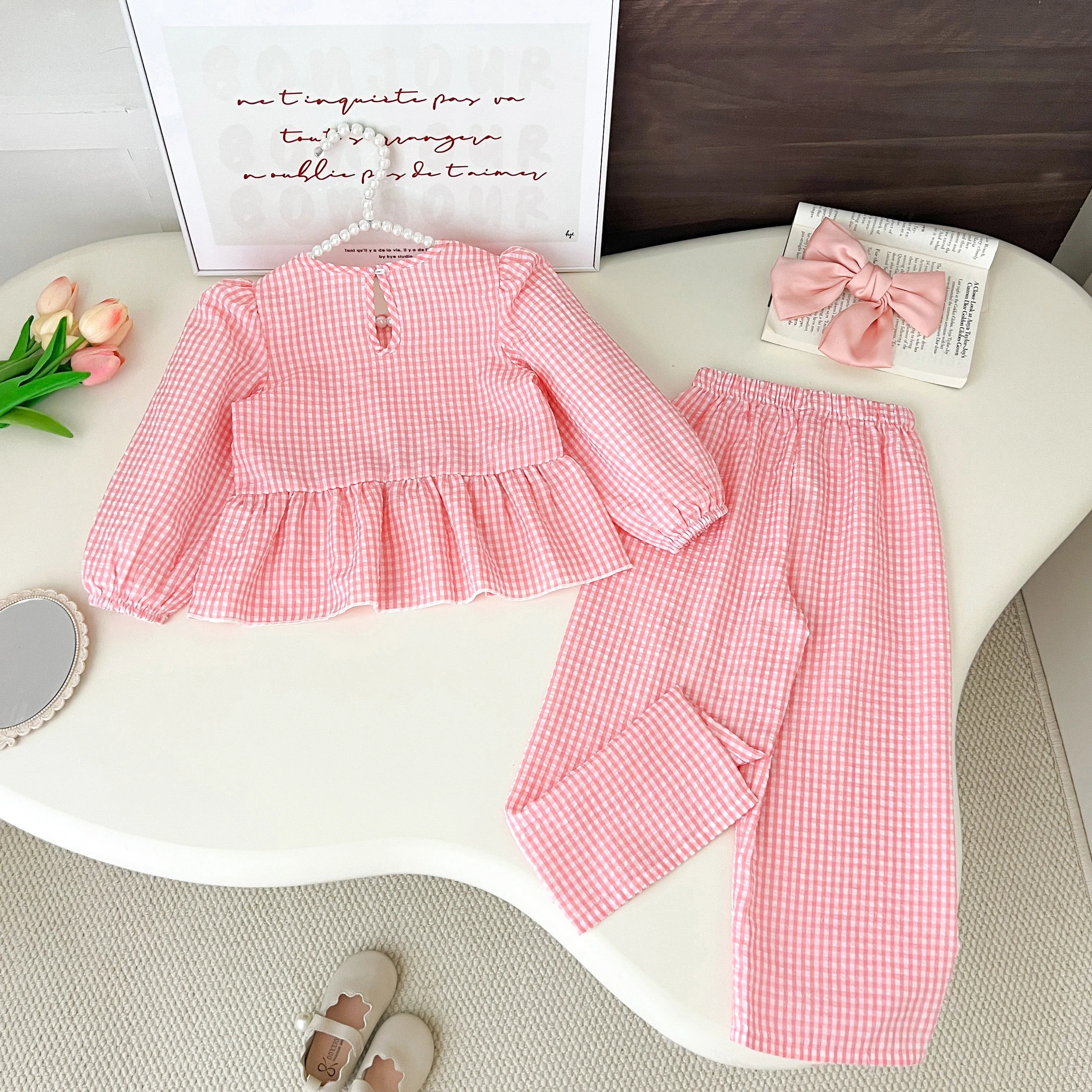 Korean Girls Suit Autumn New Decal Plaid Long-Sleeve Top Wide-Leg Pants 2-piece Girls Clothing Fashion Sets