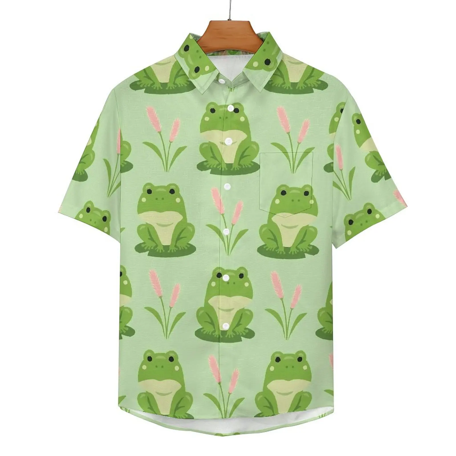 

Cute Frog Casual Shirt Pink Floral Print Vacation Loose Shirt Hawaiian Trending Blouses Short-Sleeved Custom Oversized Top