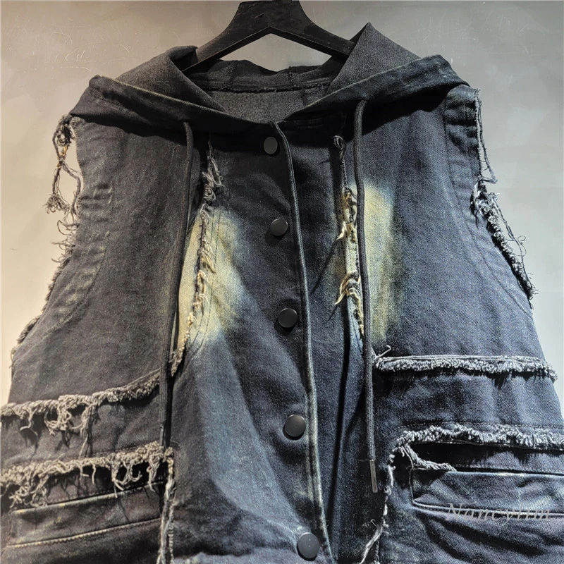 European Style Denim Vest 2024 Autumn New Personality Irregular Rough Edge Hooded Washed Old Casual Denim Waistcoat for Women