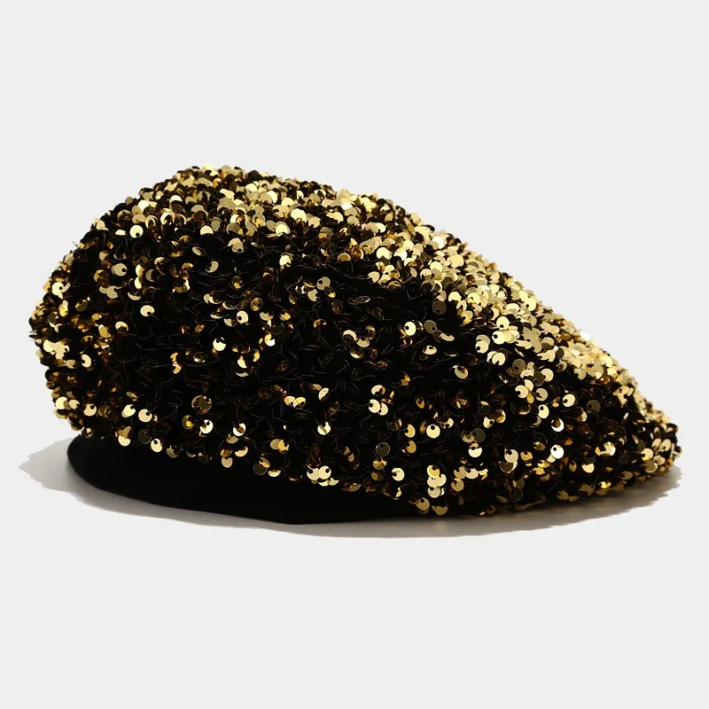Korean-style fashion satin sequin hat without a top brim. Adjustable with a strap. Suitable for stage performances.
