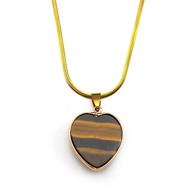Love Heart Tiger Eye Natural Stone Catholic Saint Benedict Pendant Necklace for Women Stainless Steel Gold Color Chain Jewelry