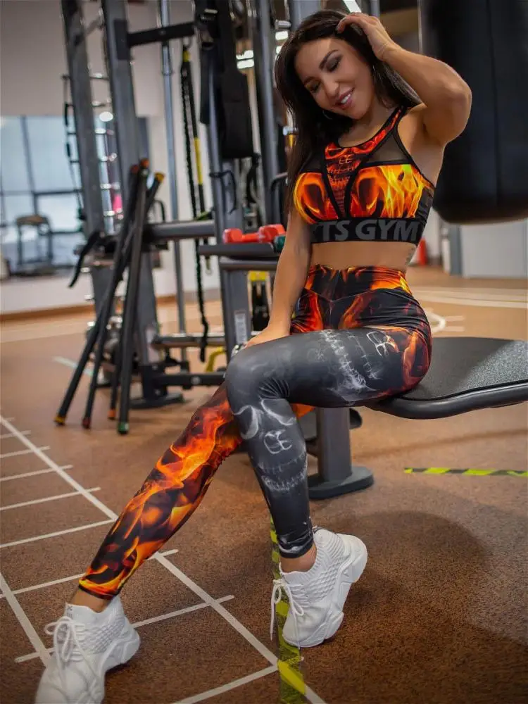 Gymdolphins 2024 Fashion Women's Fitness Leggings Set Fire Printed Sports Two-piece Set Tank Top and High Wiast Pants Yoga Suit