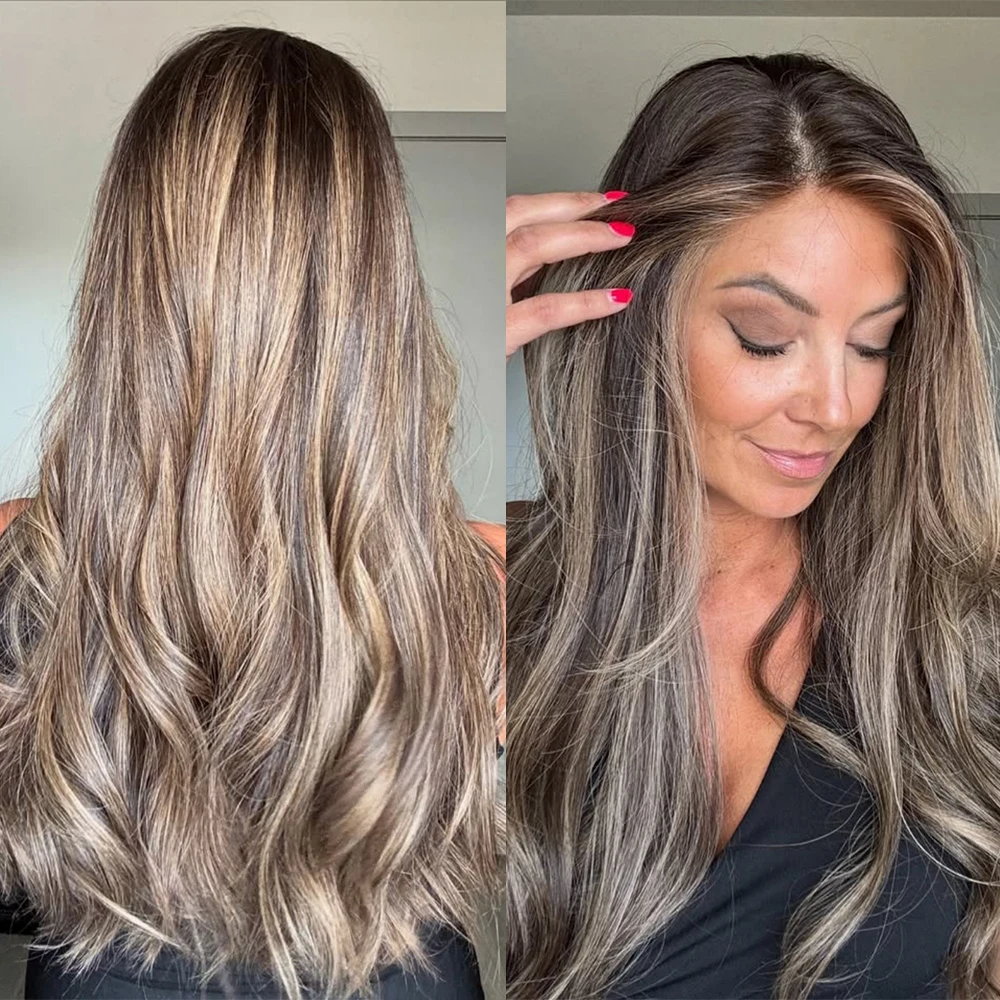 Dark Ash Blonde Highlights 13x4 HD Synthetic Lace Front Wig Long Wavy Pre Plucked Realistic Look for Women Party Daily Wear& Go