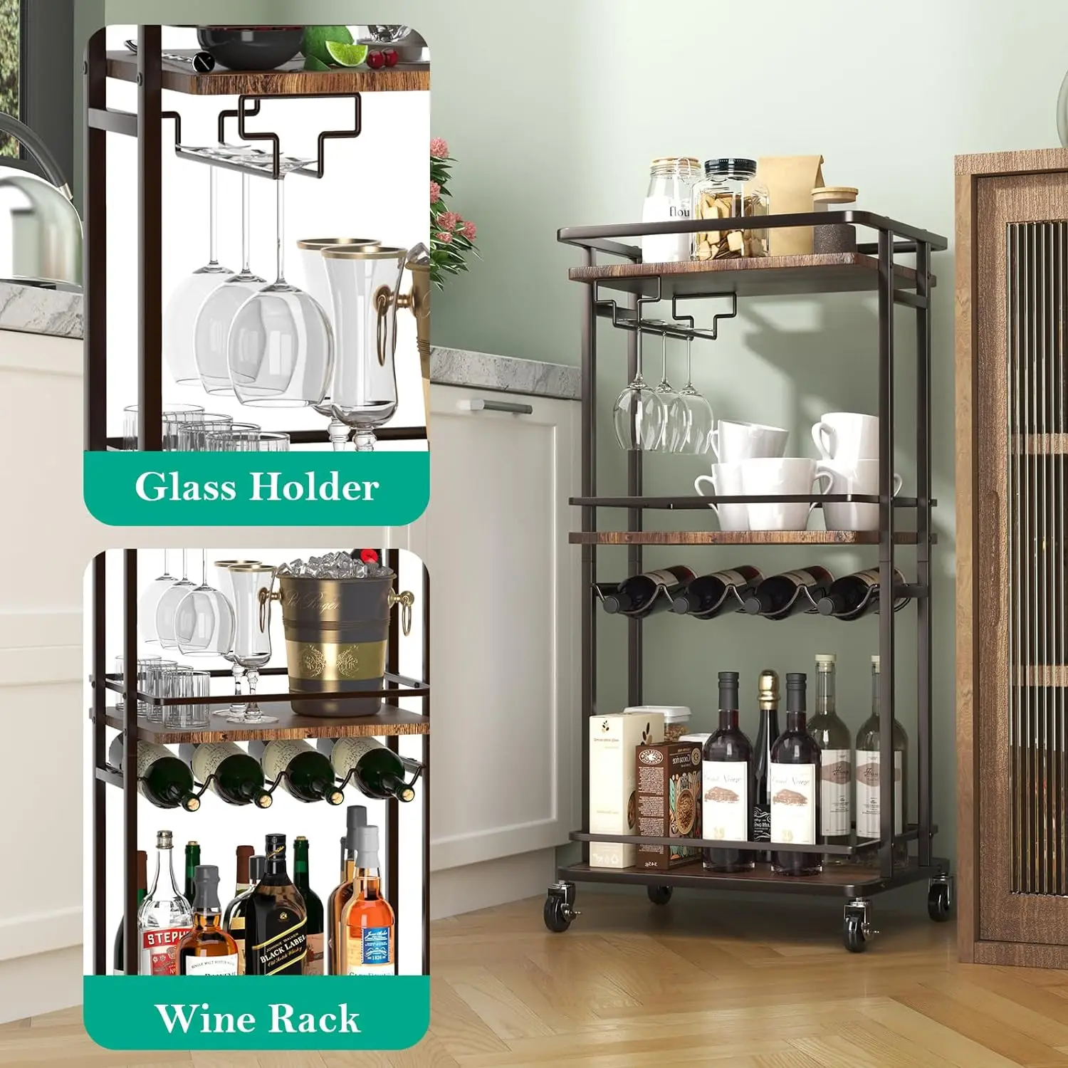 Bar Cabinets, Rolling with Wine Rack and Glass Rack, Used for Banquets,  Living Room Kitchen, Mobile Bar Cabinet