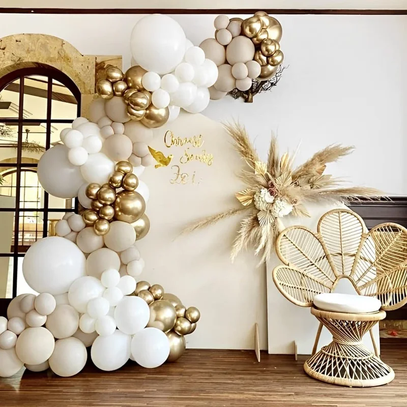 Imagem -03 - Kit Guirlanda Rústico Balão Cromo Ouro Decoração de Aniversário do Casamento Globo de Areia Branca Baby Shower Party Backdrop 131 Pcs