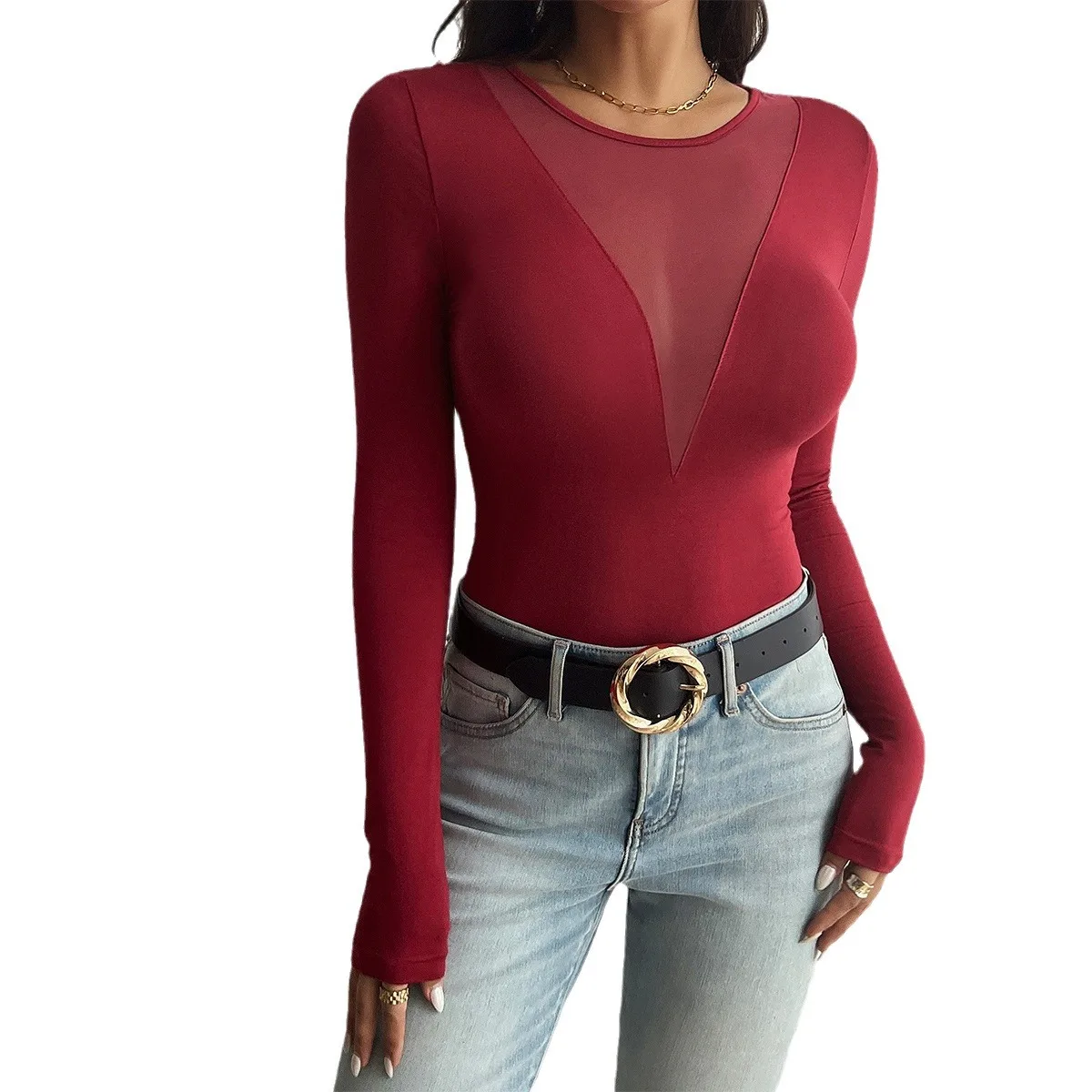 Sexy transparente malha topos feminino elegante o-pescoço manga longa pullovers femininos 2025 outono moda nova clube senhora camisa de rua alta