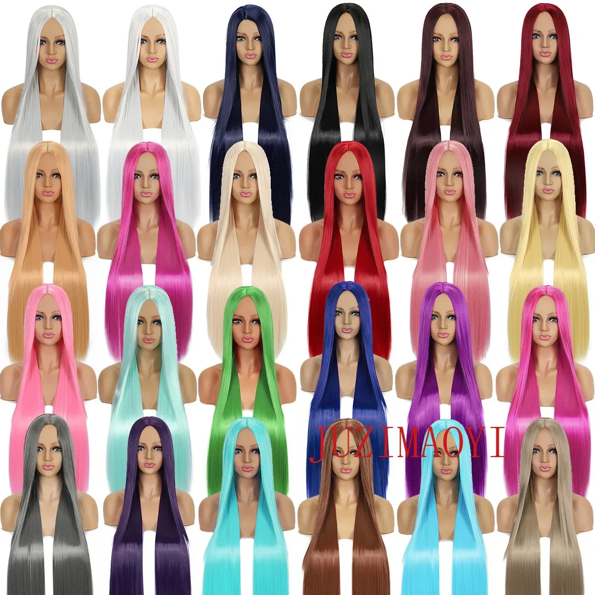 100cm Long Straight Cosplay Wig Centre Parting Central Split Blond Pink Red Purple Heat Resistant Synthetic Hair Wigs