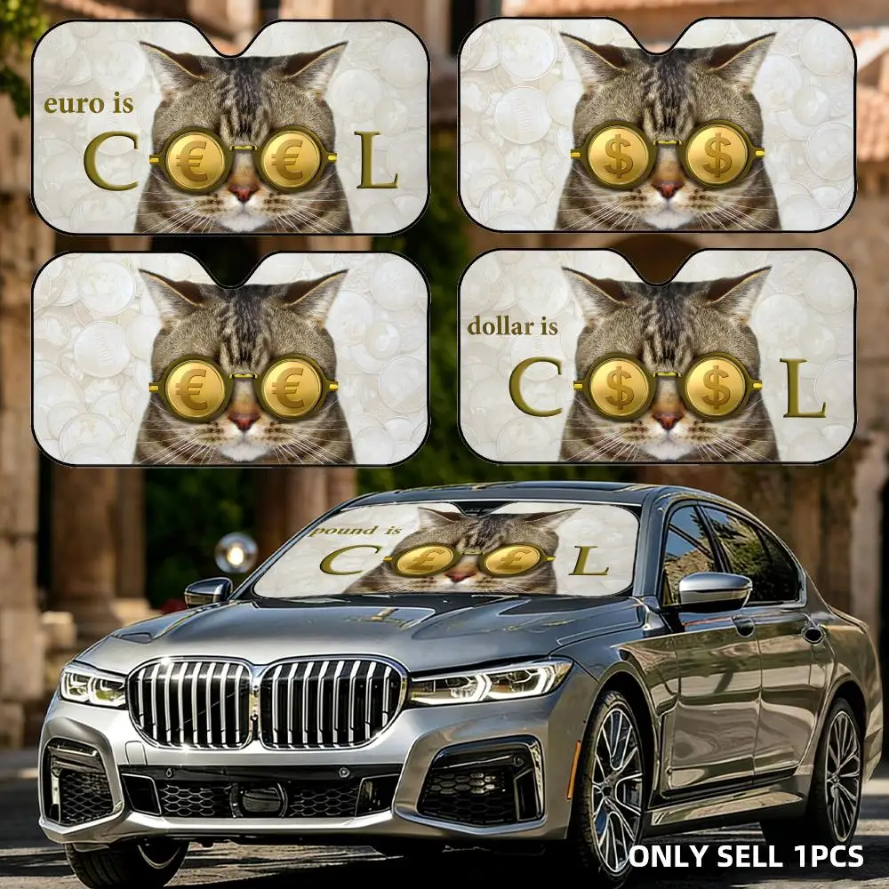 

Солнцезащитный козырек для автомобиля с изображением кота в золотых очках, складной, универсальный, для лобового стекла, защита от УФ-излучения, теплоизоляция, складная накидка