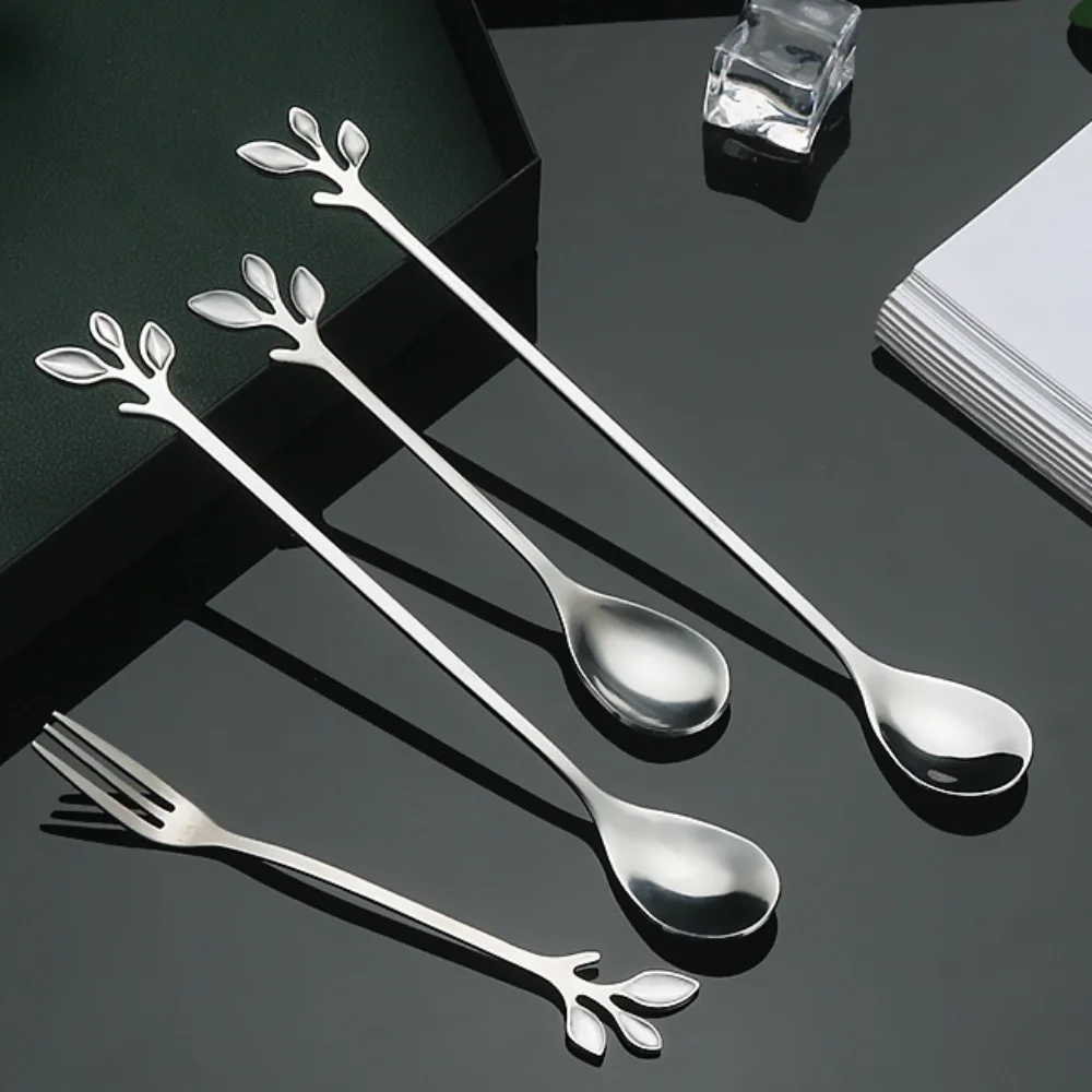 Stainless Steel Water Cup Stirring Spoons Golden Silver Leaf Shape Dessert Spoon Fork Long Handled Dinnerware