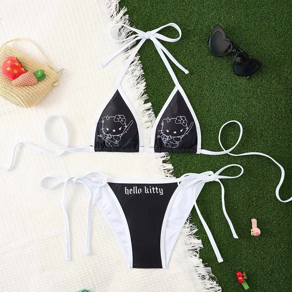 

2Pcs Hello Kitty Bikinis Set Kawaii Sanrio Swimsuit Sexy Bikini 2024 Women Summer Y2k Strappy Pantie Swimwear Beachwear for Girl