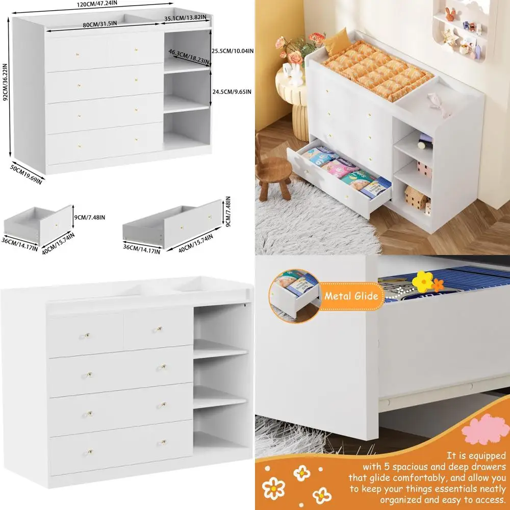 

Мебель для детской комнаты белого цвета: пеленальный столик с 5 ящиками и 3-ярусной полкой для подгузников