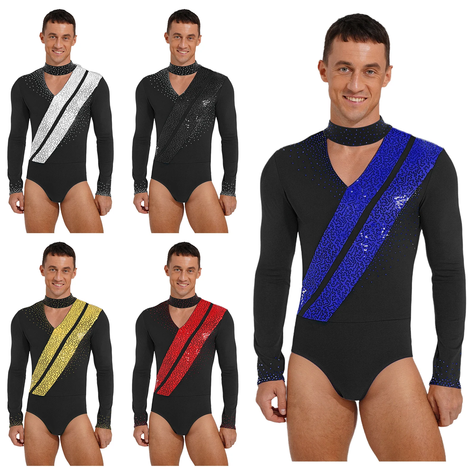 Mens Tango Ballo latino Body Paillettes lucide Manica lunga Body Tuta Balletto Ginnastica Pattinaggio di figura Costume da prestazione