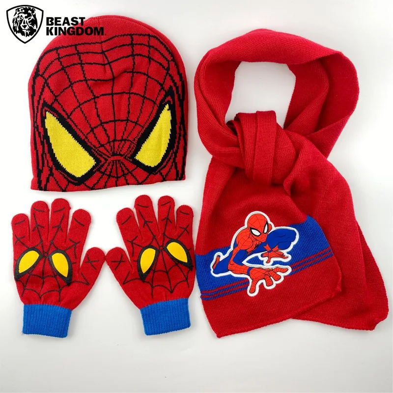 男の子と女の子のためのスパイダーマンサーマルセット,スーパーヒーローのセーター,帽子,スカーフ,手袋,ニットスーツ,ネック,漫画の贈り物,暖かい,秋,冬,3個