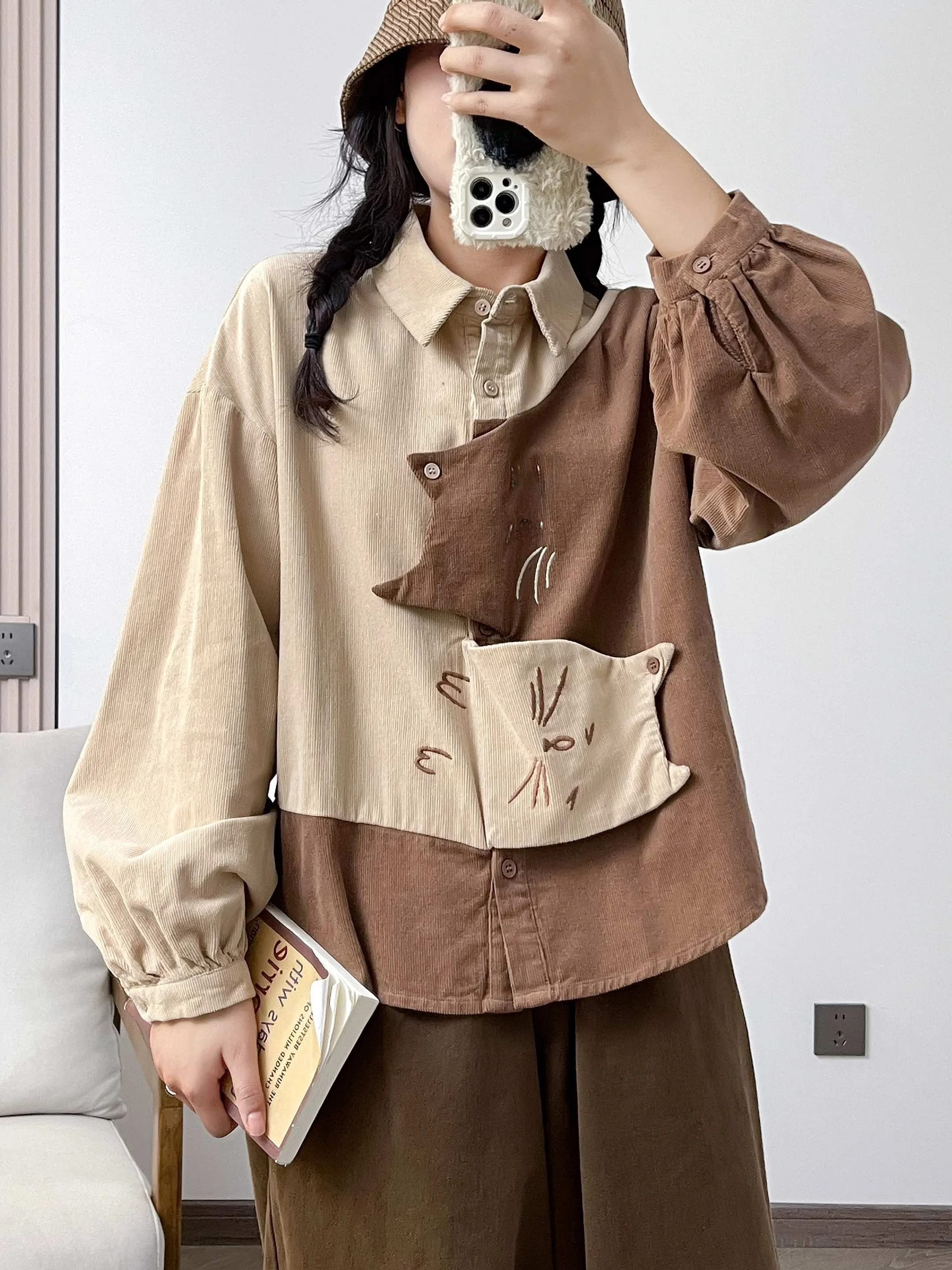 

Cotton Corduroy Long Sve irt Pattern Loose Fit Sweet Sle Casual Top for Women