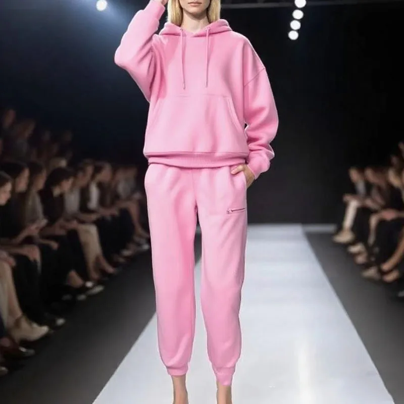 Autumn Solid Fleece Sweatshirt Outfit Women Casual Drawstring Hooded Top Pullover & Long Pant Suit Winter Long Sleeve Simple Set