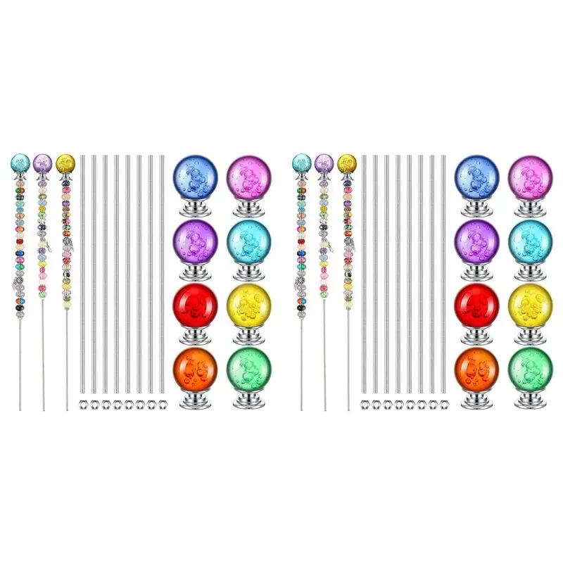 【EFFICIENT 】DIY Garden Beaded Stakes Wands Kit Include 16Pcs 8/32 Inch 12 Inch Threaded Rods, 16 Pcs Hex Nuts And 16 Diamond Sto