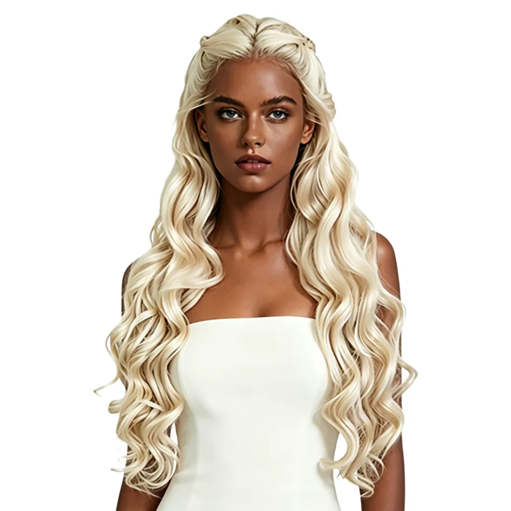 

Platinum Blonde Long Wavy Braided Wig For Black Women 13x4 Lace Front Wig Heat Resistant Synthetic Wig For Daily Party Cosplay