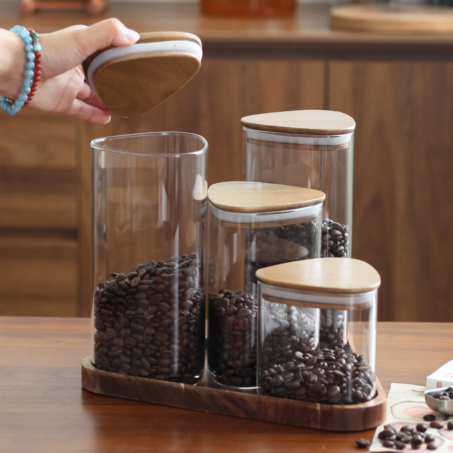 Solid Wood Lid Coffee Bean Sealed Jar Triangle Glass Storage Jar Tangerine Peel Tea Jar Wooden Lid Glass Bottle Display Bottle