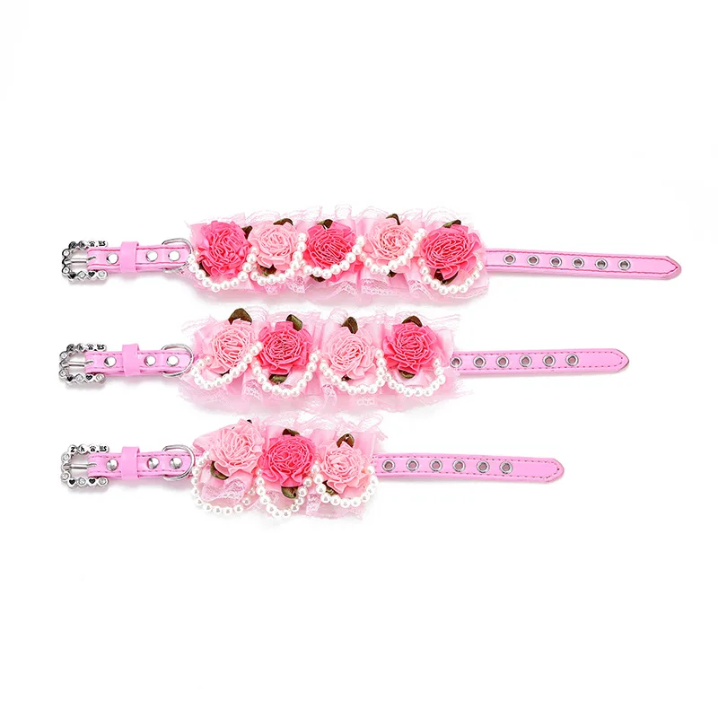 Dog Collar Lace Pearl Decor PU Leather Pet Collar Adjustable Beautiful Design Cat Collar Pear Collar With Flower Pet Supplies