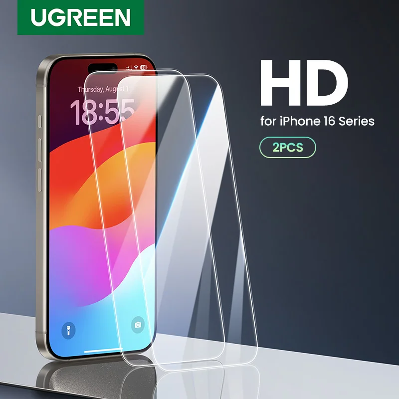 UGREEN 2pcs for iPhone 16 Pro Max Glass Screen Protectors for iPhone 16 Plus Tempered Glass for iPhone 15 14 13 12 HD Film 16pro