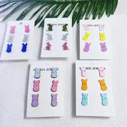 2025 New Arrival 3 Pairs Cute Acrylic and Wood Rabbit Easter Day Studs Set Women Girls Holiday Jewelry Gifts
