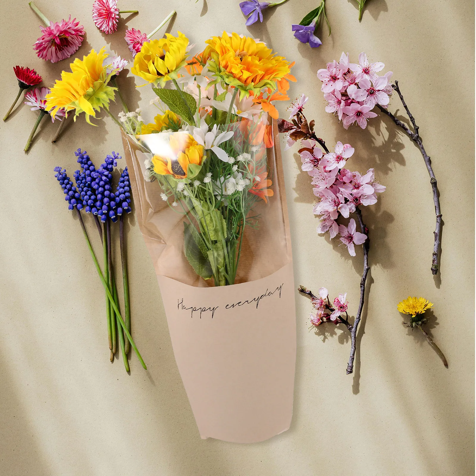 20Pcs Flower Bouquet Packaging Bag Kraft Paper And Plastic Flower Protection Floral Wraps For Birthday Graduation