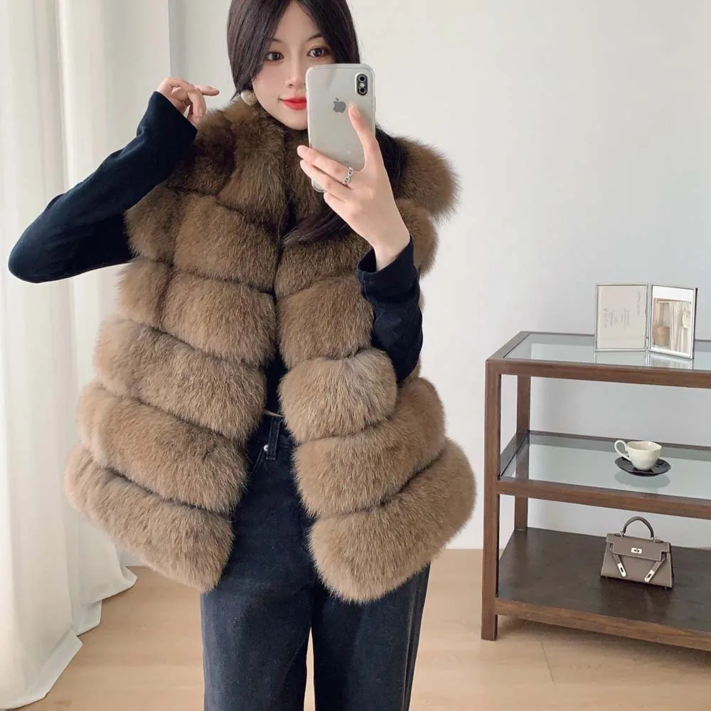 سترة من فرو الثعلب الحقيقي الطبيعي بدون أكمام للشتاء الدافئ سترة من الفرو الطبيعي معاطف من فراء الثعلب