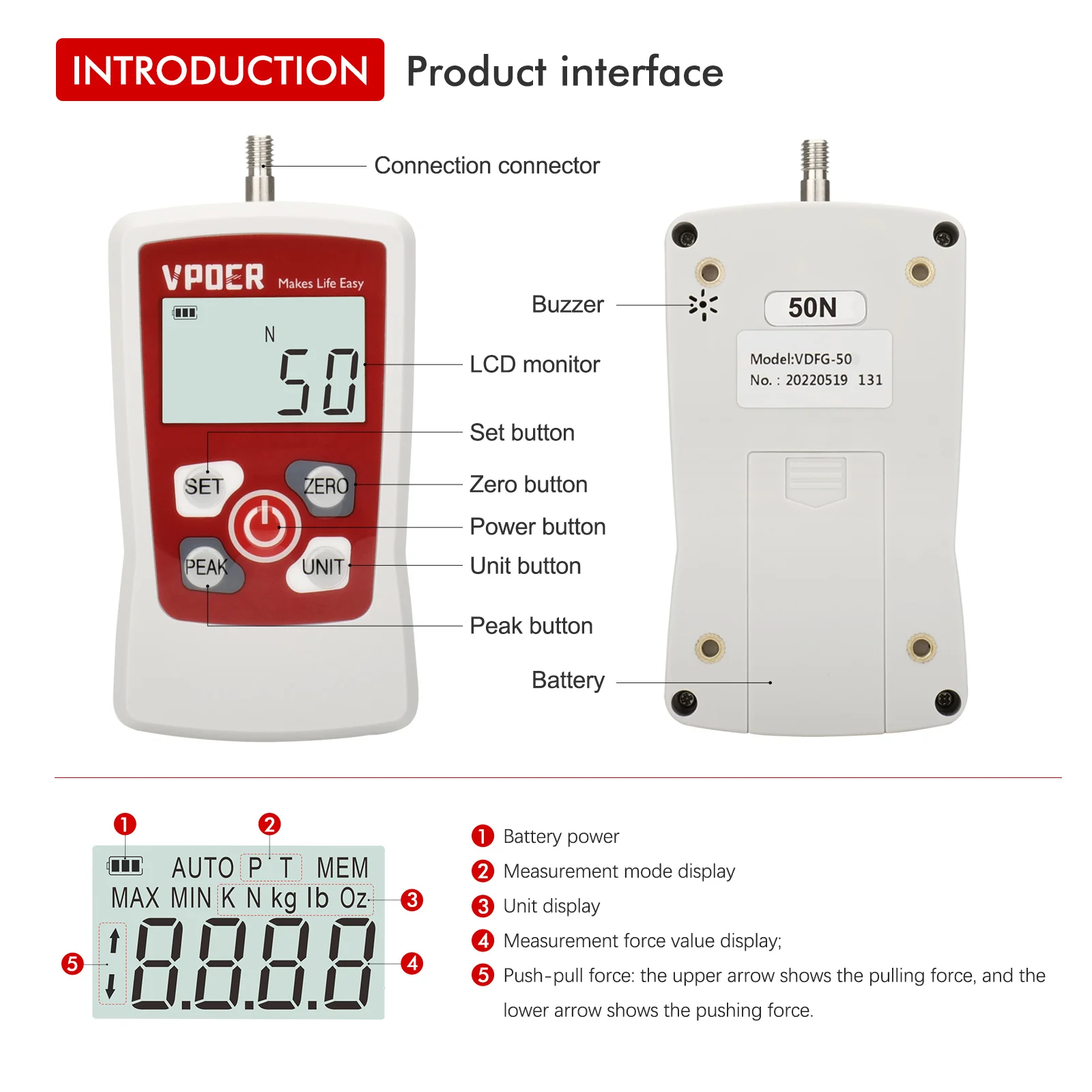 Imagem -04 - Medidor de Força Digital Vdfg 50n 100n 300n 500n Push Pull Gauge Tester Medidor de Força Portátil com Retroiluminação Automática Lcd Desligamento Automático