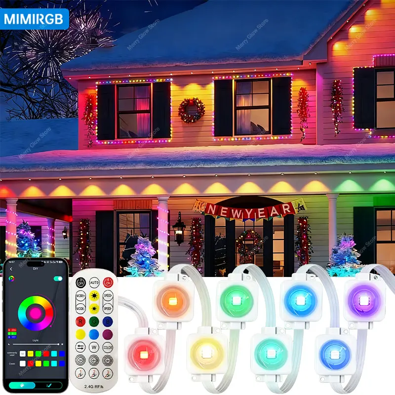 60m-屋外用常設ライト、家の軒先用ライト、rgb-ic防水ライトストリング、ホリデーdiyシーン、クリスマス、新年の装飾