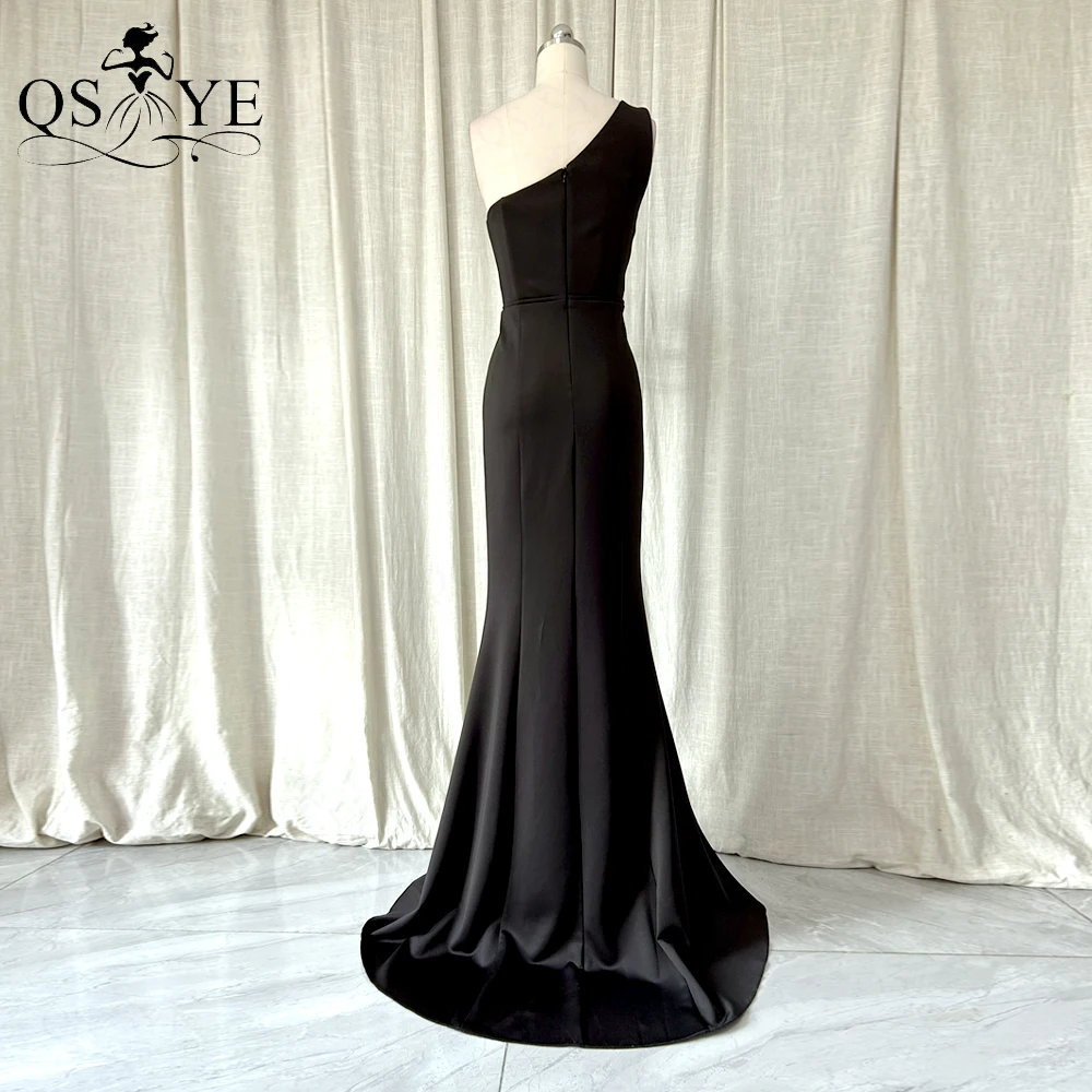 One Shoulder Simple Black Evening Dresses Mermaid Long Prom Gown Sexy Open Split Elastic Satin Plain Women Party Formal Dress