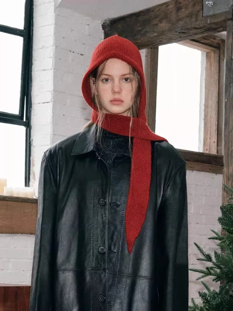 Koreanische Kapuzenschal-Balaclava-Mütze mit Ohrenschutz, warme Mütze für Damen, Retro-Mütze mit Schleife, Winter-Accessoires, gestrickte Mütze. – Detail 2