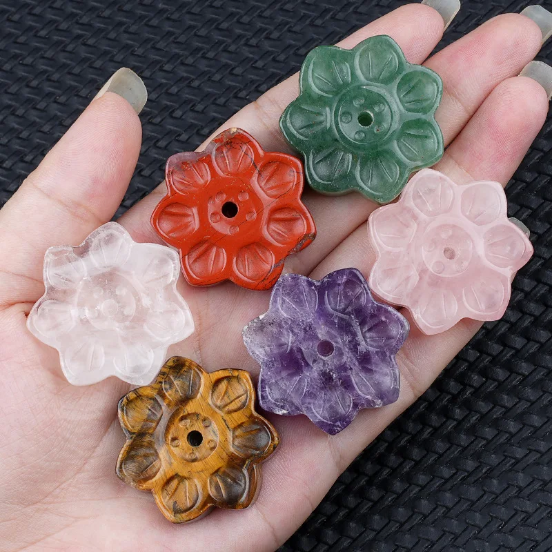 Natural Crystal Lotus Incense Holder Semi-Precious Stone Incense Stick Holder Base Tiger Eye Stone30mm Incense Burner Home Decor