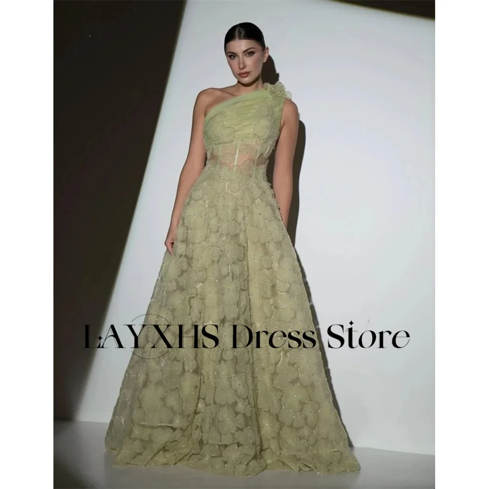 

LAYXHS Fashion Green One Shoulder Evening Dresses 3D Flowers A-Line Lace Prom Dresses Customized فستان سهرة نسائي